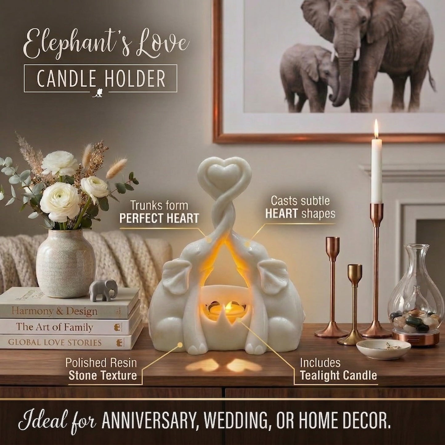OakiWay Elephant Gifts for Women - Love Candle Holder Statue with Flickering LED for Couple - Ivory 14th Wedding for Her - Elephant Home Deco'r Valentine's Present