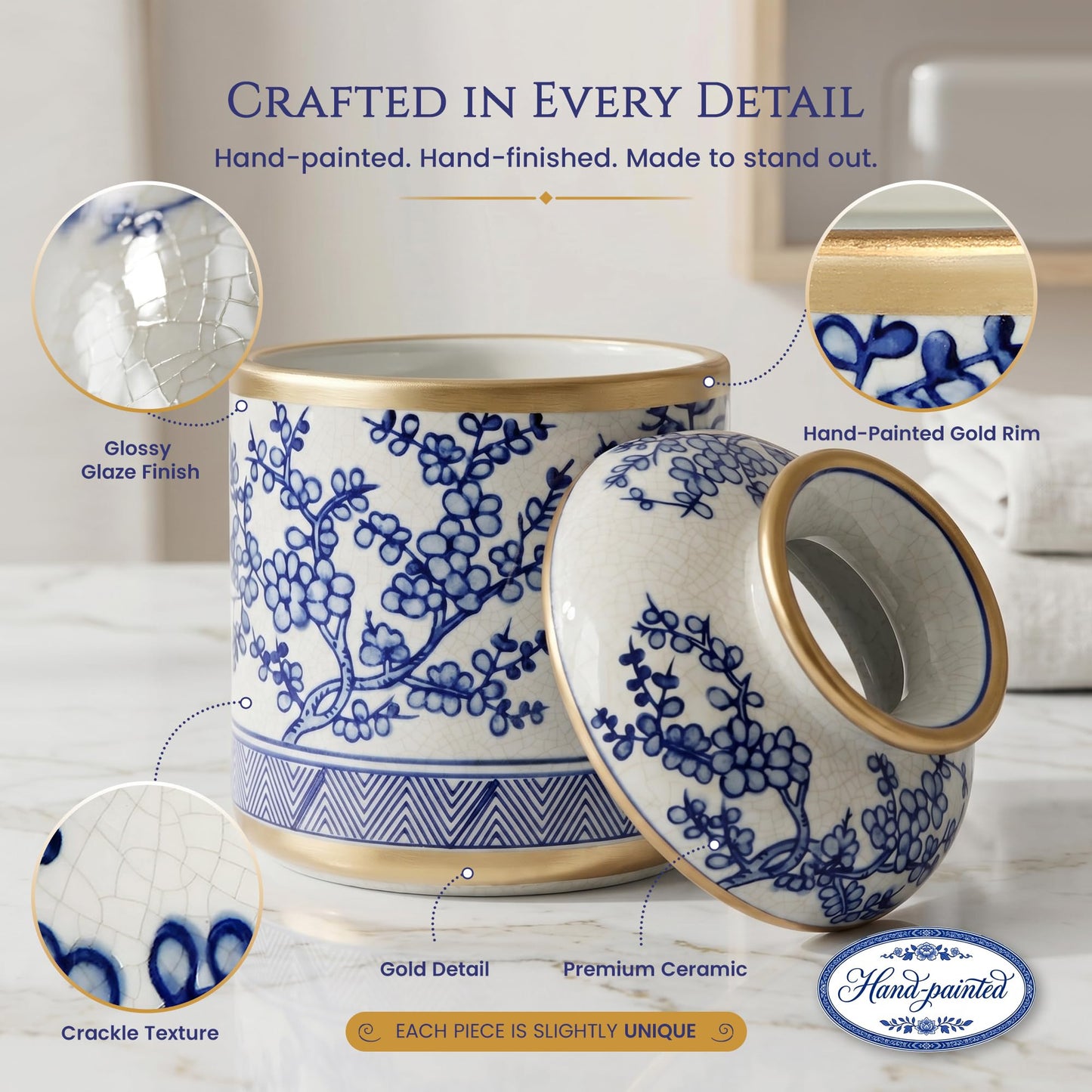 Tissue Vessel Round Ceramic with Lid - Handmade Blue and White Chinoiserie Ceramic Tissue Holder for Bathroom – Chinoiserie Decor Accent for Living Room, Bedroom, Office - Blue and White Porcelain