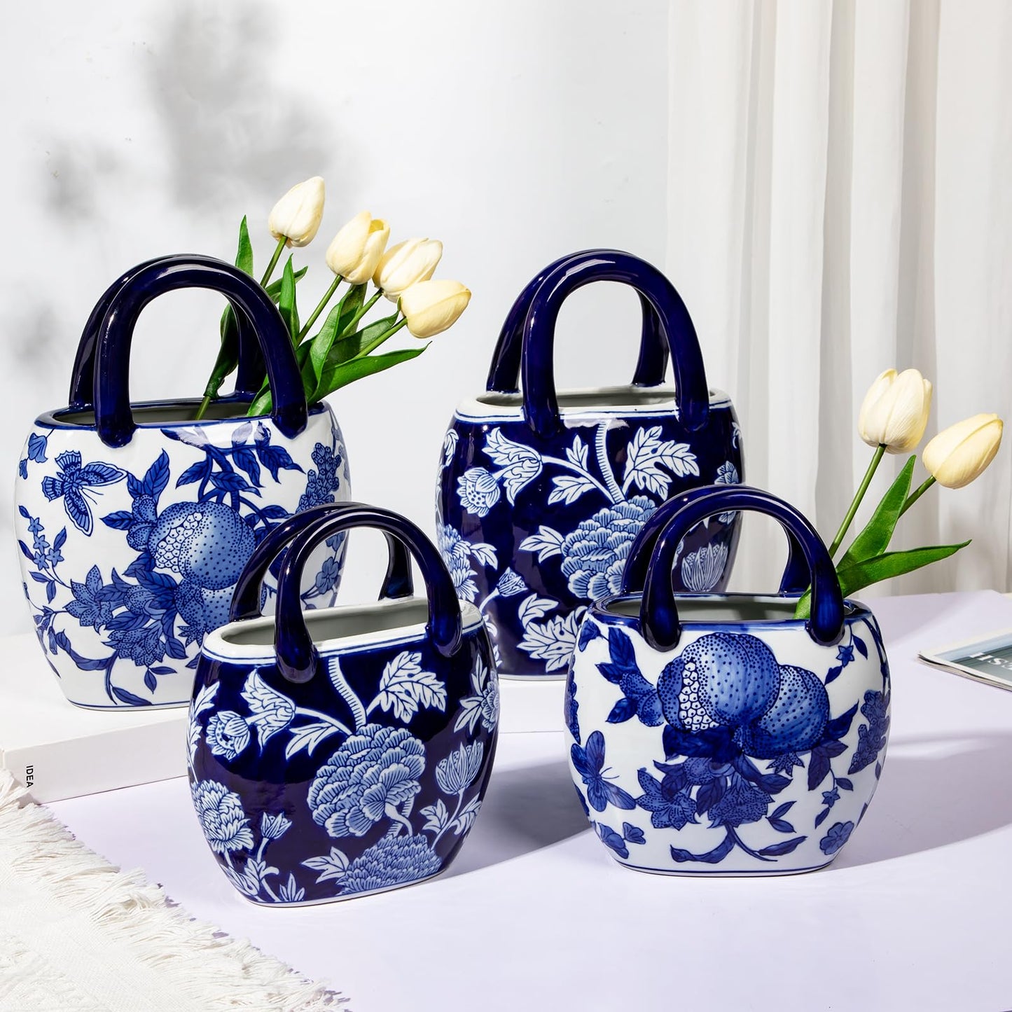 Ceramic Purse Vase for Flowers, Blue and White Porcelain Vases for Centerpieces Decorative Medium Handbag Vases for Flowers Pottery Chinoiserie Vase for Living Room Kitchen Dinner Table Shelf