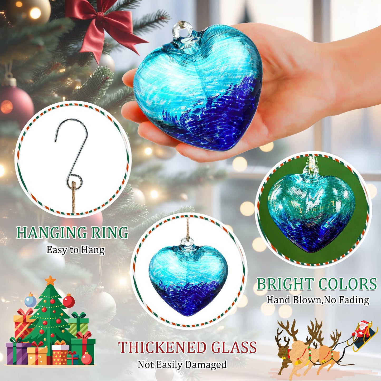 Hand Blown Glass Gazing Balls for Garden 3.8" Glass Ornaments for Christmas Tree Blue Heart Hanging Friendship Balls (Blue - C)