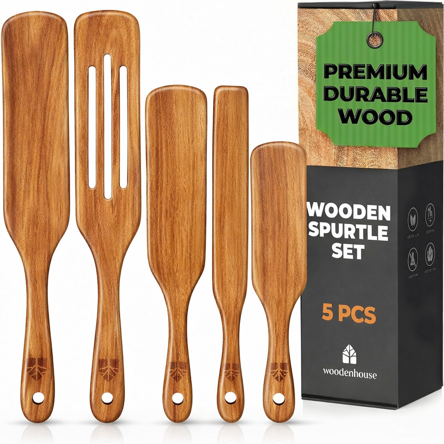 Spurtle Set, Teak Spurtle Spatula Set of 5 - Spurtles Kitchen Tools Wooden – Non Stick Cookware for Serving, Stirring, Mixing, Scraping, Scooping By Woodenhouse