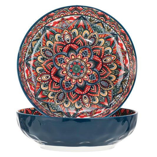 Boho Large Serving Bowls, 10.2 Inch Fruit Salad Bowls, Decorative Serving Dishes for Entertaining, 80 OZ Pasta Bowls Set of 2, Vibrant Colorful Soup Bowls for Party, Home Decor, Bohemian Style Gift