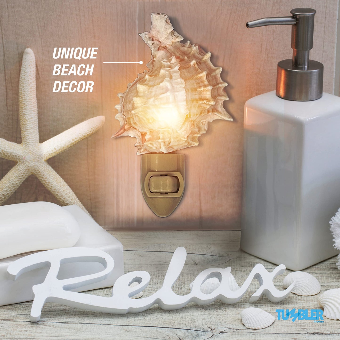 Real Shell Night Light, Seashell Decor for Coastal Bathroom or Beach House