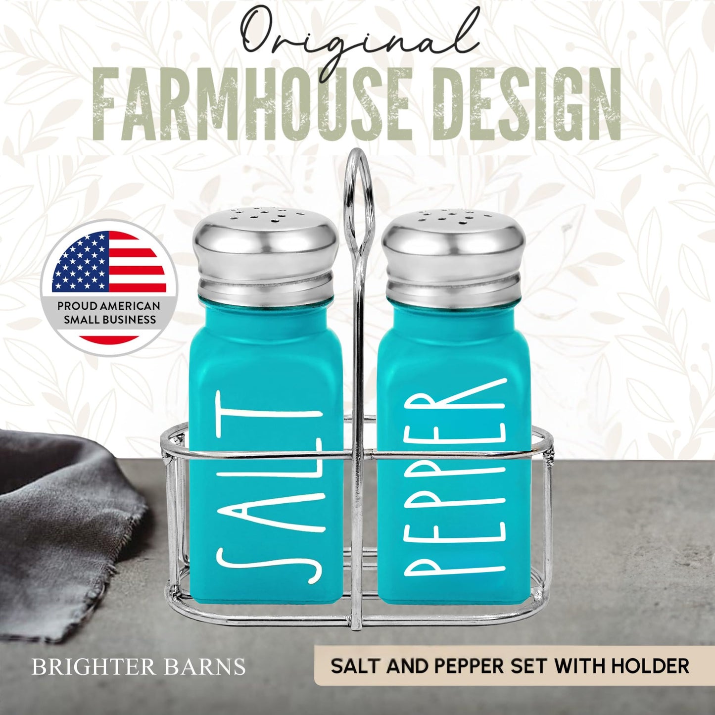 Teal Salt and Pepper Shakers Set with Holder by Brighter Barns - Turquoise Kitchen Decor and Accessories - Cute Salt and Pepper Set with Caddy - Modern Farmhouse Glass Shakers for Dining Table (Teal)