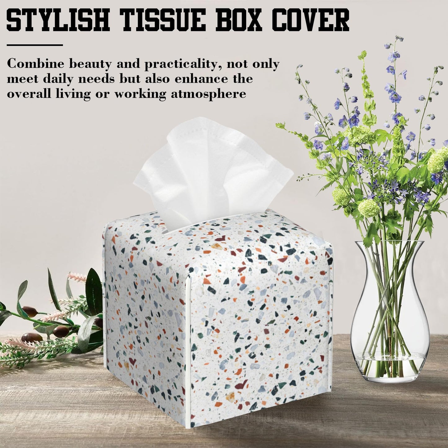 OHEGBXE Tissue Box Cover Terrazzo Marble Tile Leather Tissue Box Holder Cube Paper Case Cover Facial Paper Organizer Dispenser for Bathroom, Vanity Countertop, Office Desk