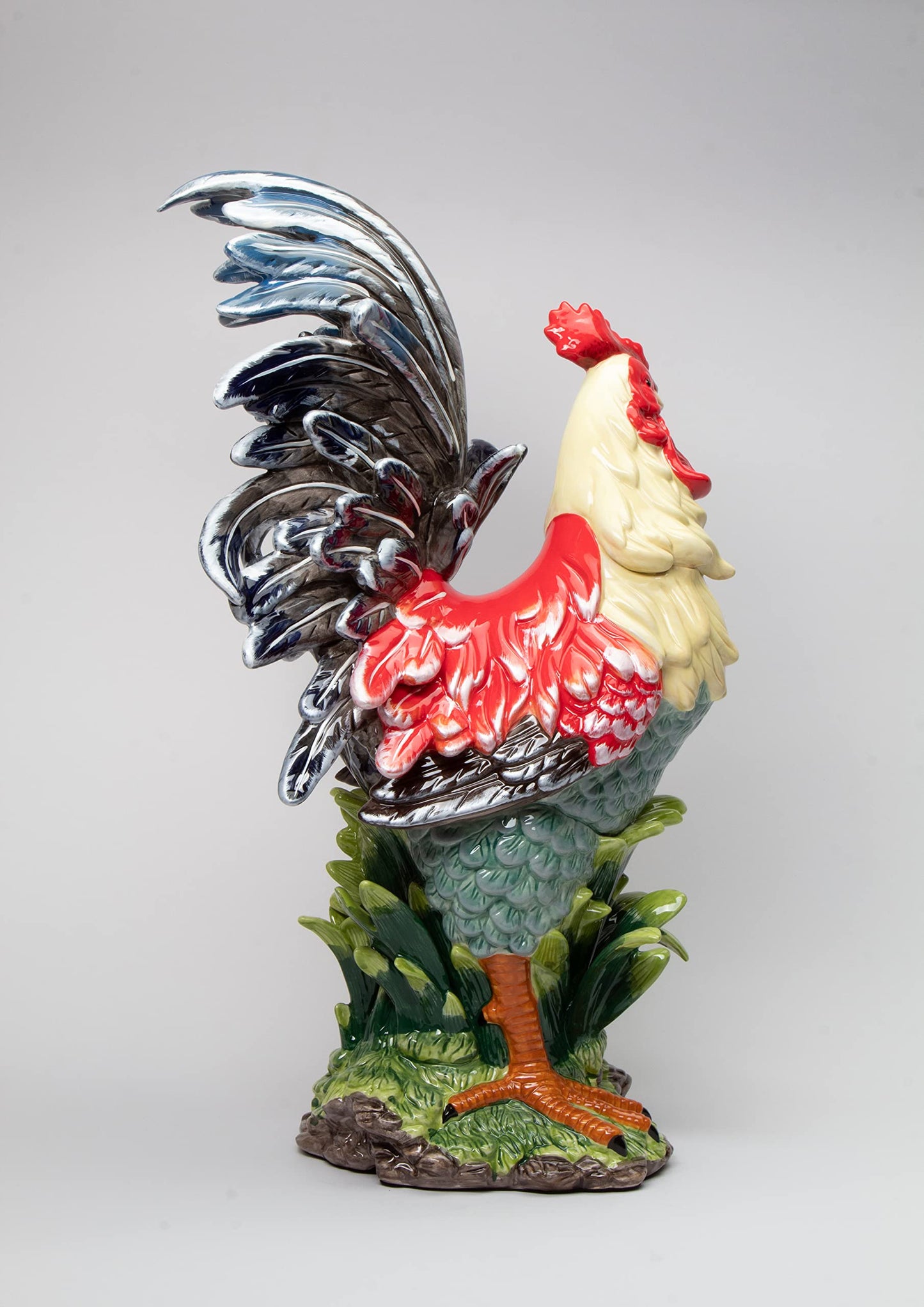 Cosmos Gifts Fine Ceramic Large Tuscany Red Cobalt Blue Rooster Figurine, 23-1/2" H