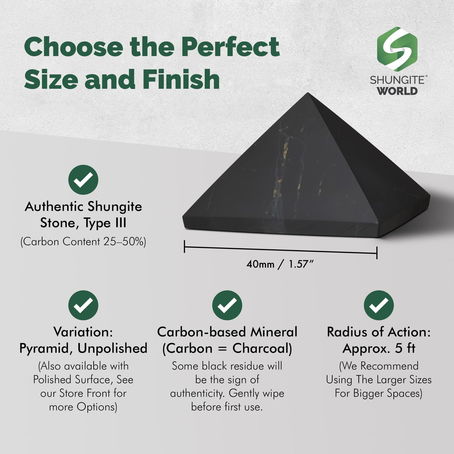 Shungite World Authentic Shungite Pyramid Unpolished 40 mm / 1.57" Chakra Energy Natural Healing Crystal Real Black Pyramid Home Office Protection Desk Decor Meditation Reiki Grounding Stone