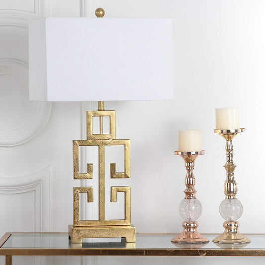 SAFAVIEH Lighting Collection – Greek Key Table Lamp – Antique Gold Metal Base with White Fabric Shade, LED Bulb Included, 29-Inch Bedroom Living Room Desk Lamps (LITS4305A)