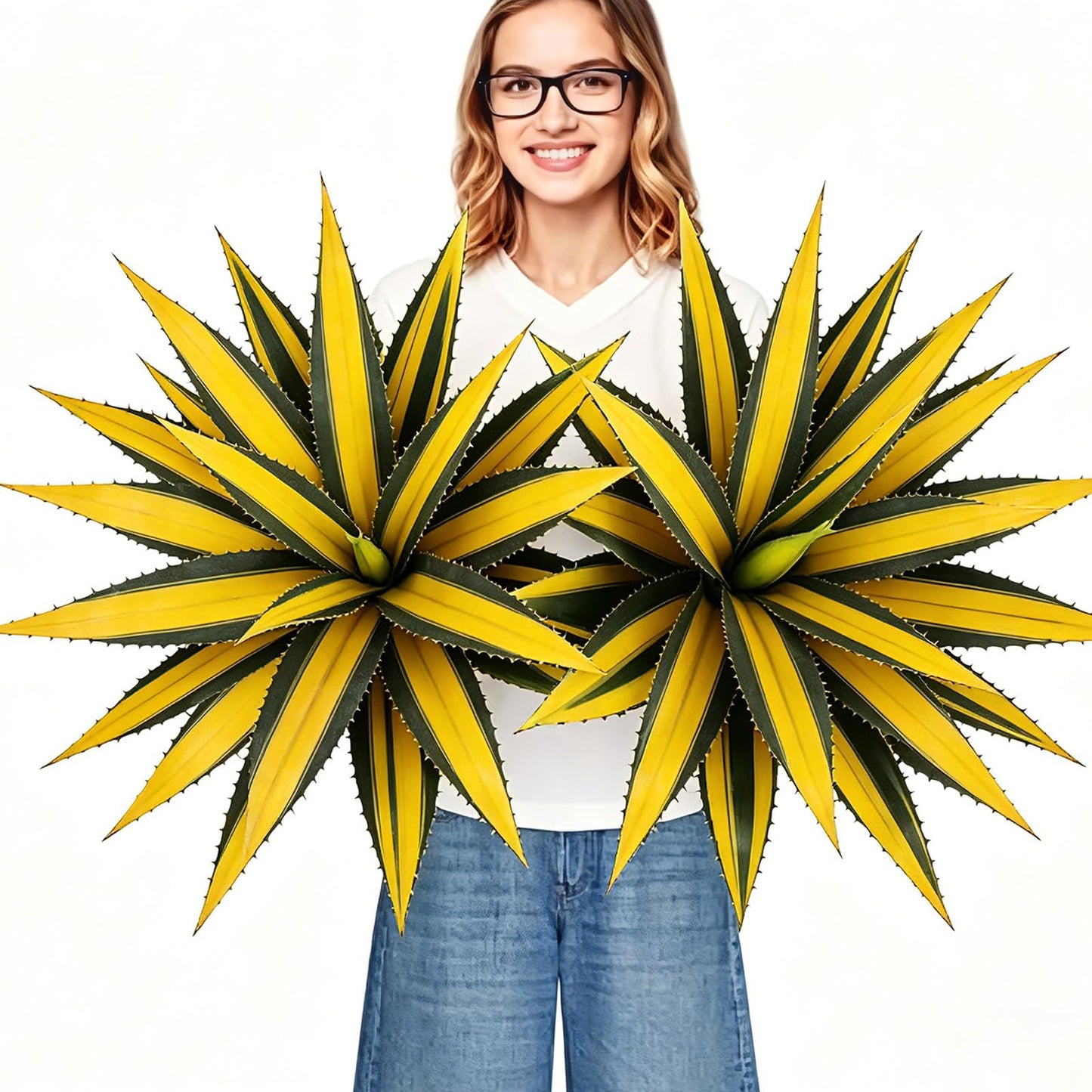 ARTSLEAFY Artificial Green Edged Gold Leaf Spiny Agave Plant with 23 Leaves, 19.68in Faux Agave for Indoor & Outdoor Home Decor Perfect for Porch Living Room Bedroom Patio & Office （2 Pack）