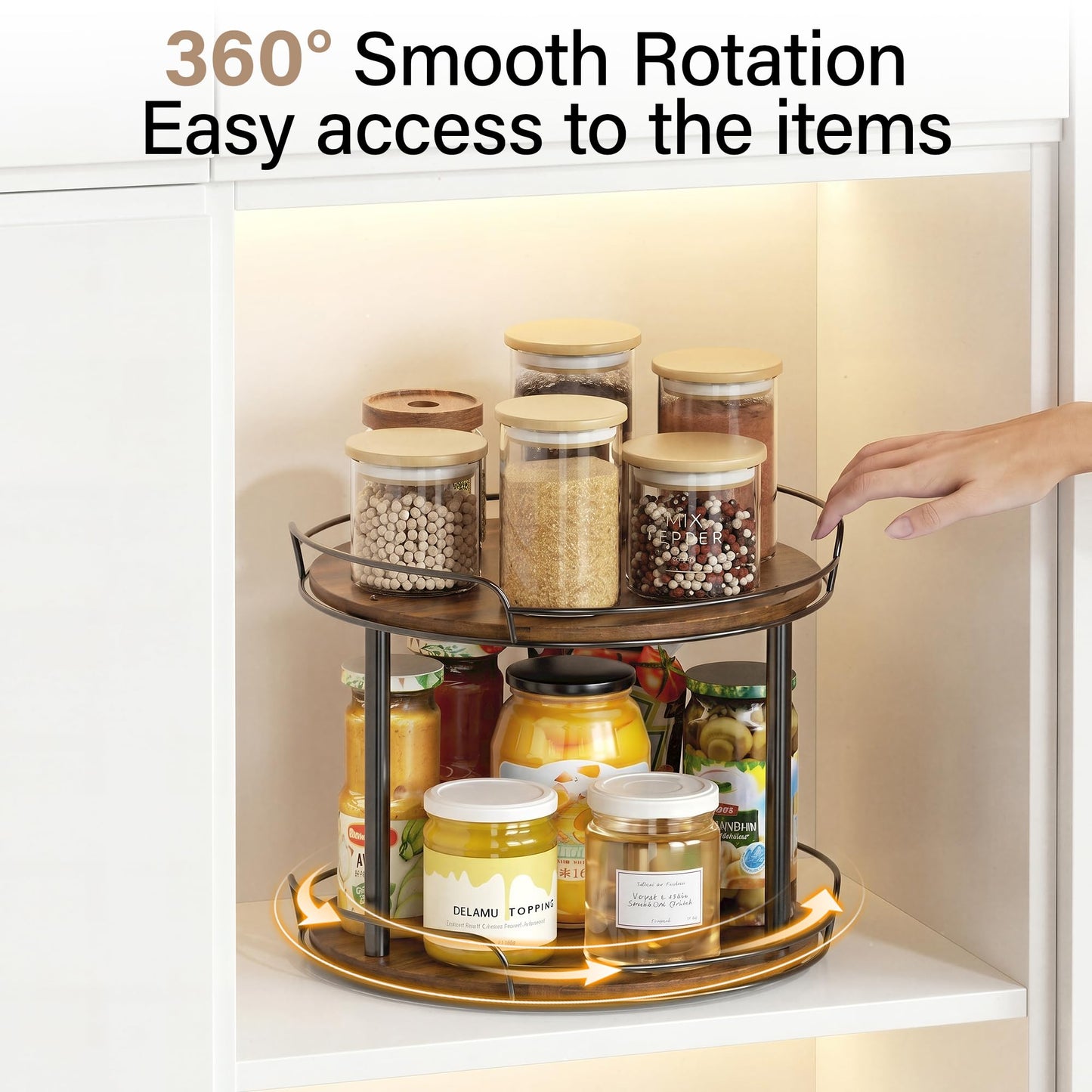 Pantasia 2-Tier Rotating Spice Rack, 10'' Lazy Susan Organizer for Cabinet, Wooden Spice Rack Organizer for Table Top, Kitchen Countertop, Pantry, Bathroom, Vanity, Home Decor
