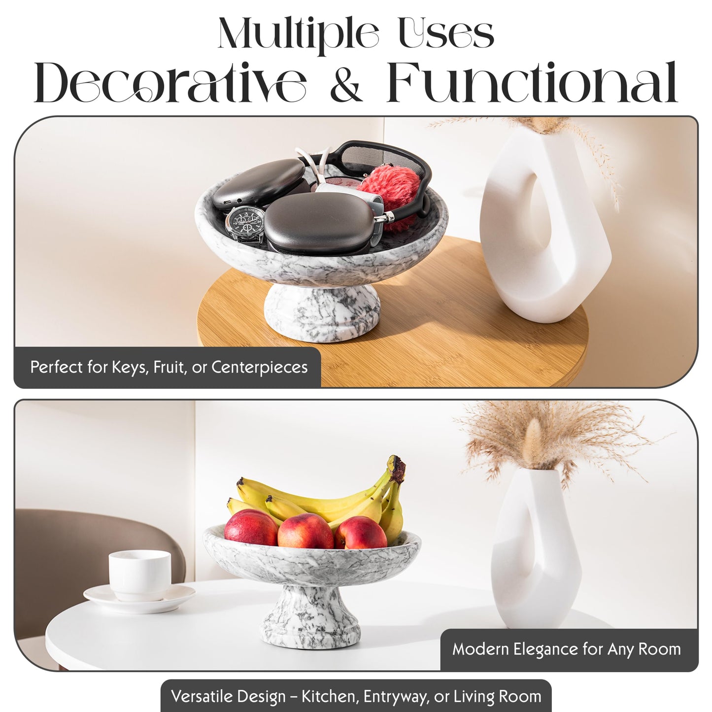 Shorken Marble Fruit Bowl with Anti-Slip Pads, Decorative Footed Marble Bowl for Kitchen Countertop & Dining Table Centerpiece, Large Decorative Bowl, White, 9.8 in