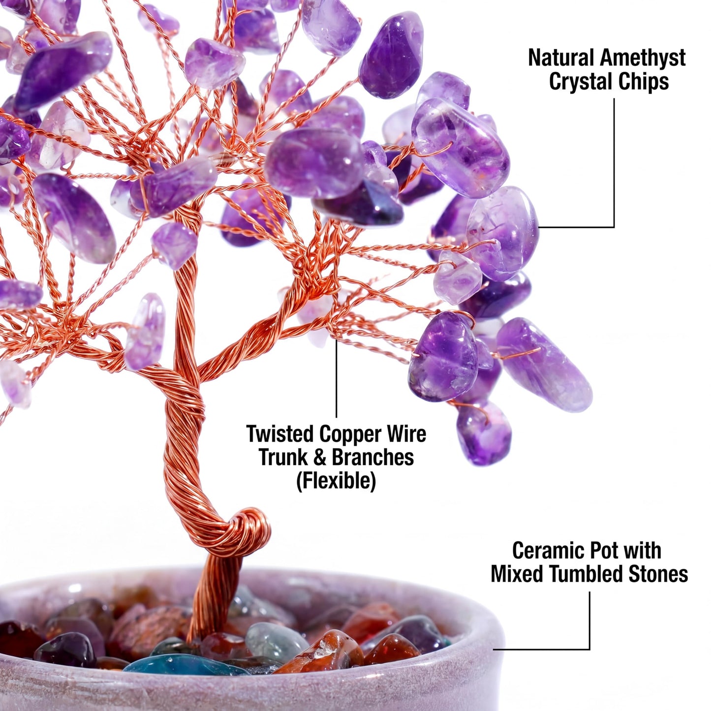 Handmade Crystal Money Tree Feng Shui Bonsai, Gemstone Tree of Life Healing Crystals Wealth Prosperity Decor for Home Office, Perfect Spiritual Gift (Purple)