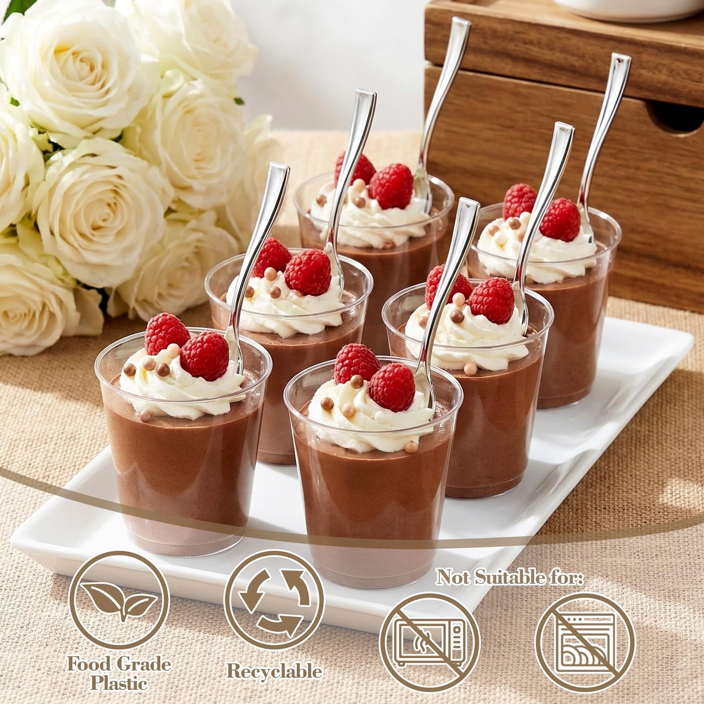 WDF 300 Pieces Plastic Silver Mini Spoons - 4 Inches Silver Plastic Tasting Spoons for Desserts, Heavy Duty Disposable Spoons Perfect for Coffee, Cake, Desserts, Appetizers for Wedding Spring Party