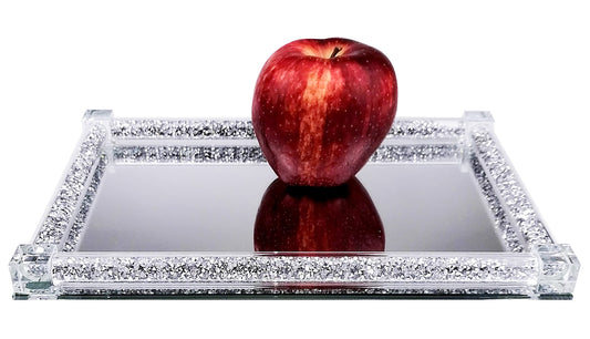 Vanity Tray Luxury Glass Crystal Mirrored Decorative Tray, Sparkling Jewelry & Perfume Organizer Tray for Bathroom Vanity, Bedroom Dresser, Kitchen Counter & Party Serving(Silver, 11.8" x 8")