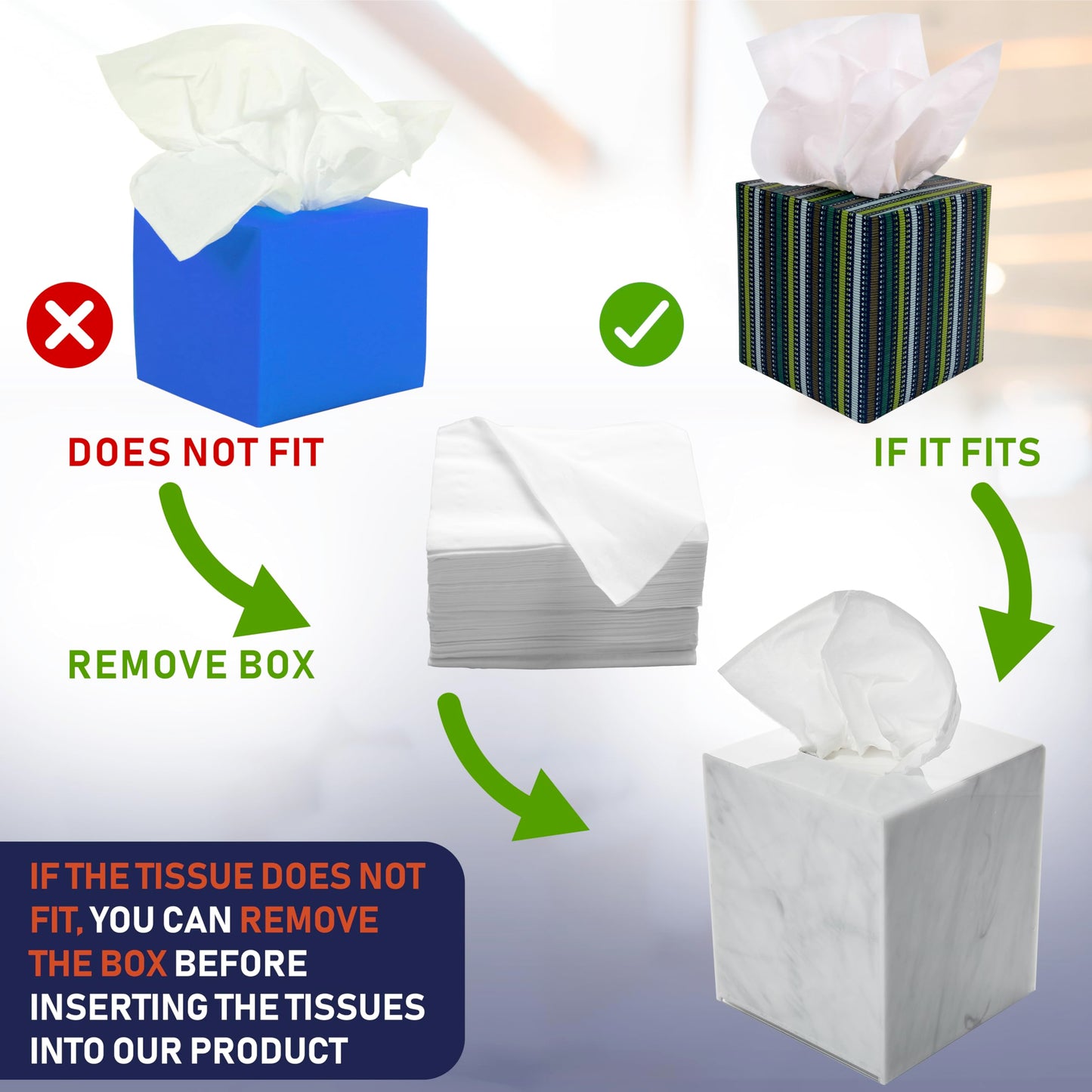 Acrylic Tissue Box Holder, Square Dispenser for Facial Tissues, Napkins, and Dryer Sheets. Perfect for Bathrooms, Desks, Countertops, Vanities, Bedrooms, and Nightstands (Square, Marble)