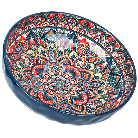Ronanemon 75 Oz Serving Bowls,Bohemian Style Large Porcelain Dishes for Entertaining Parties,Big Bowls for Eating Soup, Salad, Pasta, Fruit, Chips, 10.3 Inch Diameter (blue)