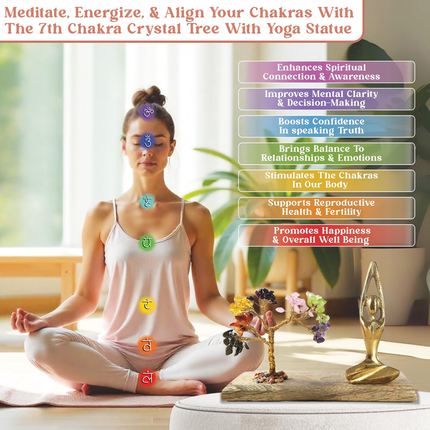 HOME INFINIX Crystal Tree of Life 7 Chakra Healing Crystal Trees with Golden Yoga Figurine & Natural Wooden Base Handmade Gemstone Bonsai Feng Shui for Positive Energy, Meditation & Home Décor Gifts