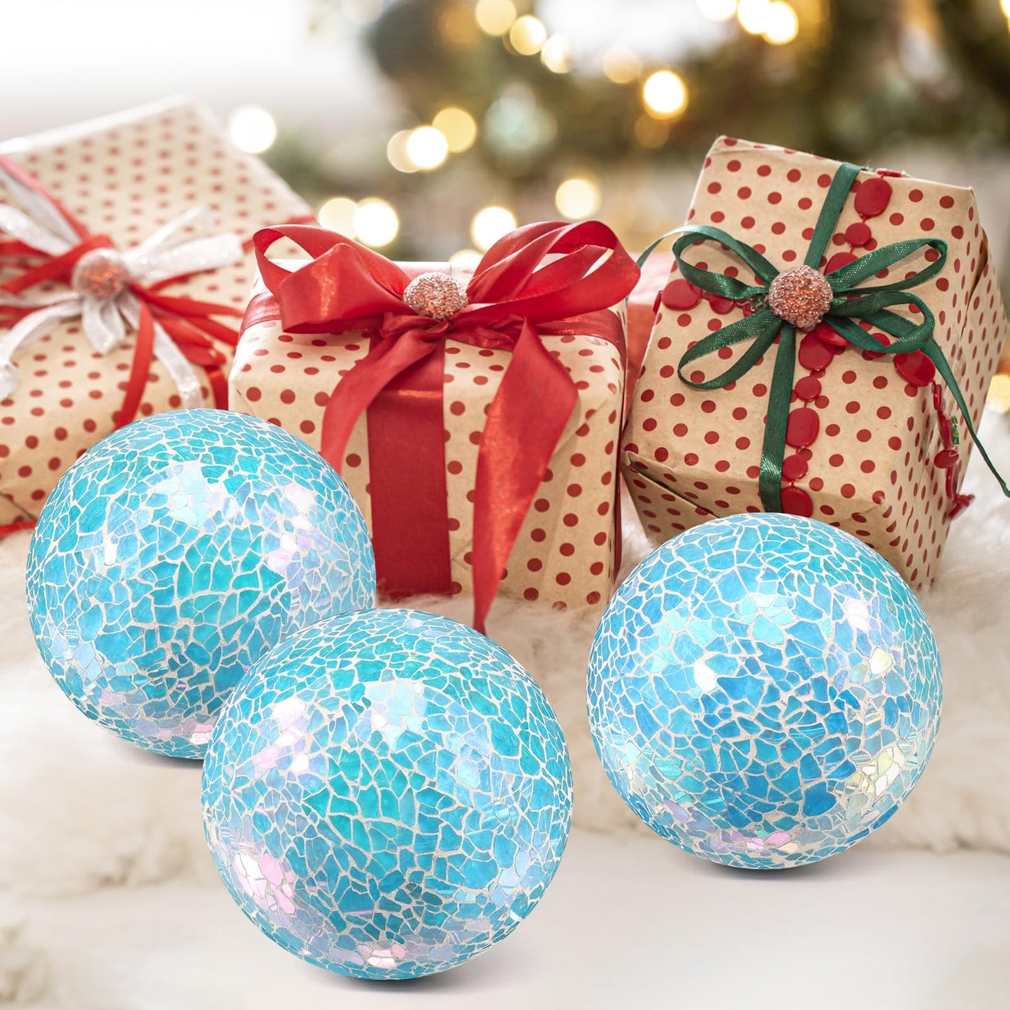 ginojex 3Pcs Mosaic Glass Orbs Decorative Balls Set 8.5cm/3.35inch Blue Sphere Wedding Party Home Decor Table Centerpiece