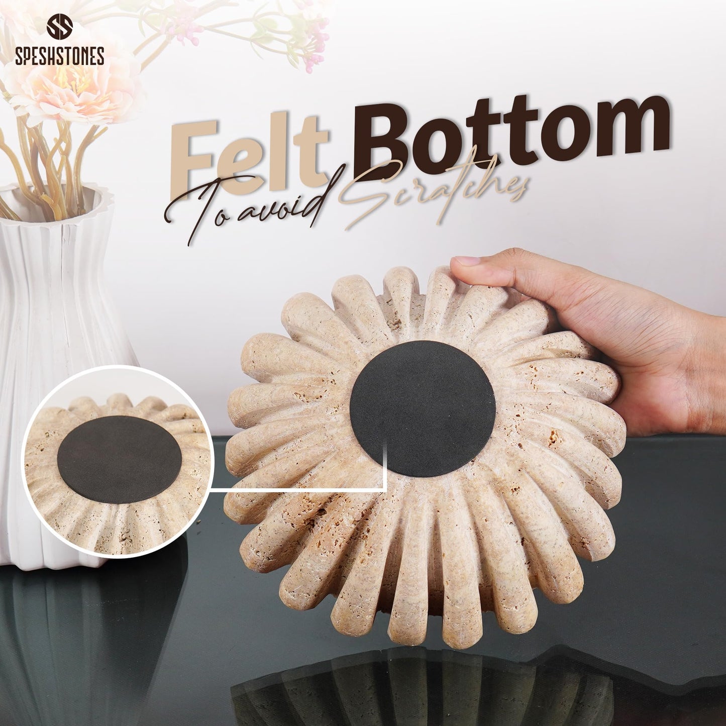 SPESHSTONES Marble Scalloped Bowl Handmade 8 Inch Travertine Ruffle Bowl, Fruit Bowl for Kitchen Counter, Large Decorative Bowls for Housewarming Gifts, Modern Fluted Bowl for Home Decor