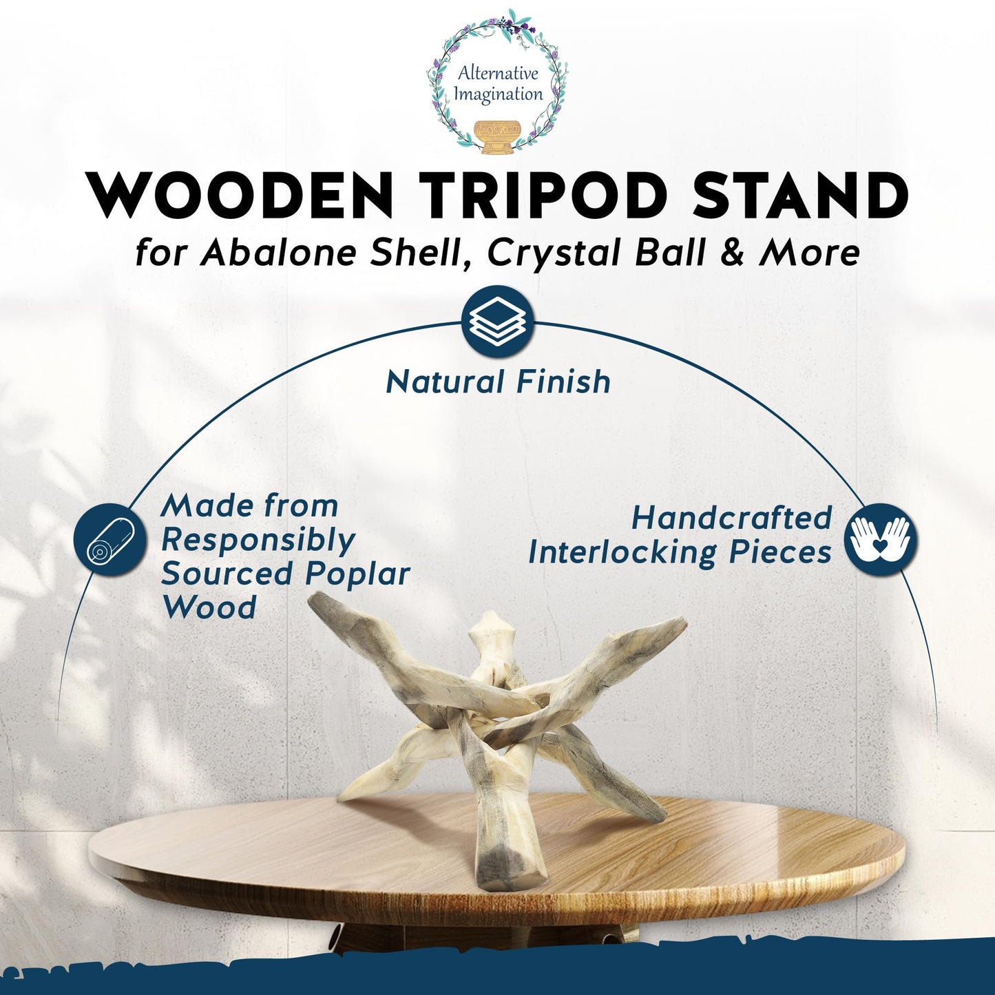 Alternative Imagination Wooden Tripod Display Stand - 6-Inch Hand Carved Holder Made from Mango Wood -Folding Natural Stand for Abalone Shell, Crystal Ball, Key Bowl,Trinket Dish, Incense,Decor & More
