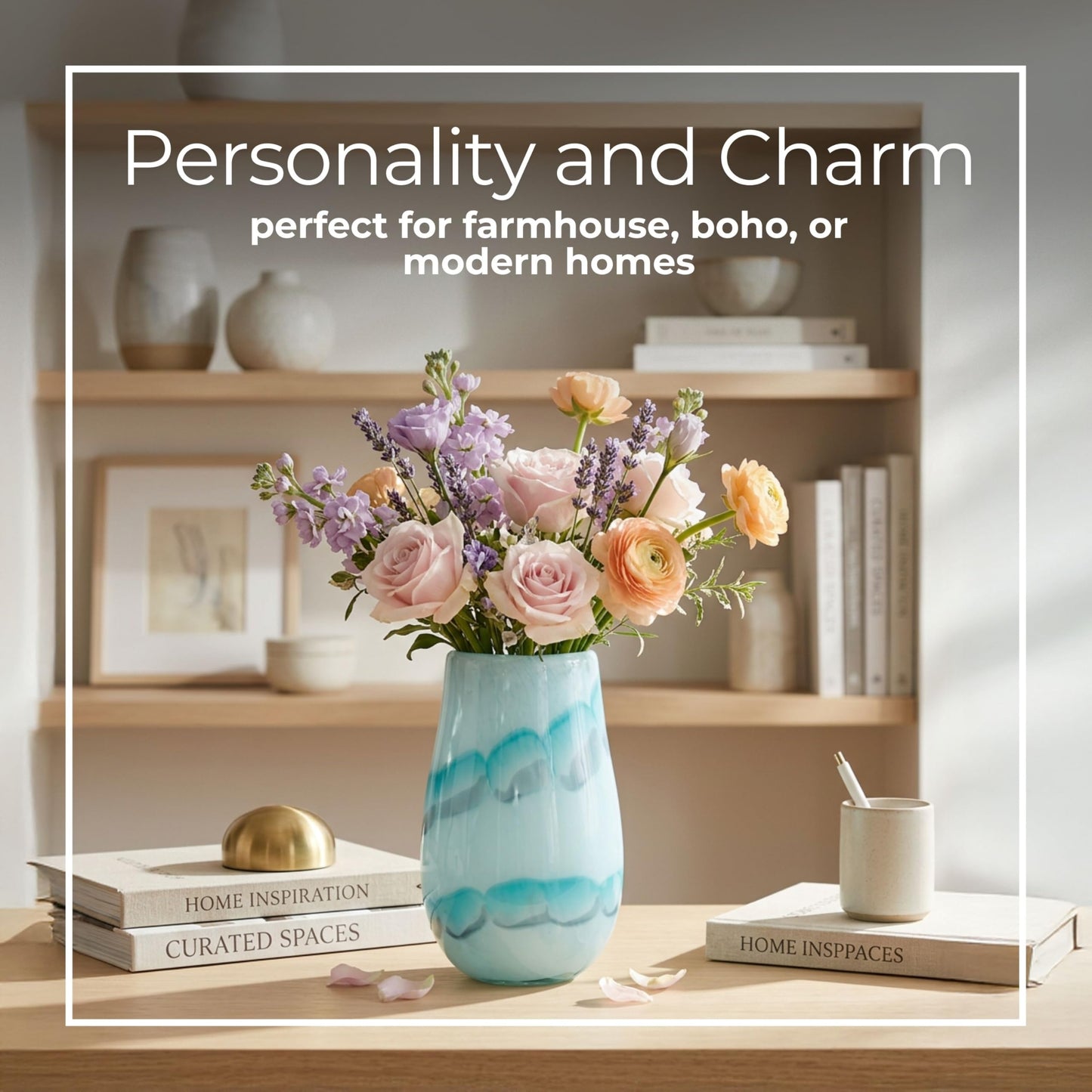 Glass Vase – Vase for Fresh or Dried Flowers, Living Room, Bedroom, or Entryway Tabletop Decor, Coastal Wave Design Home Decor Accent that Adds Calm, Collected Style – 12", Blue
