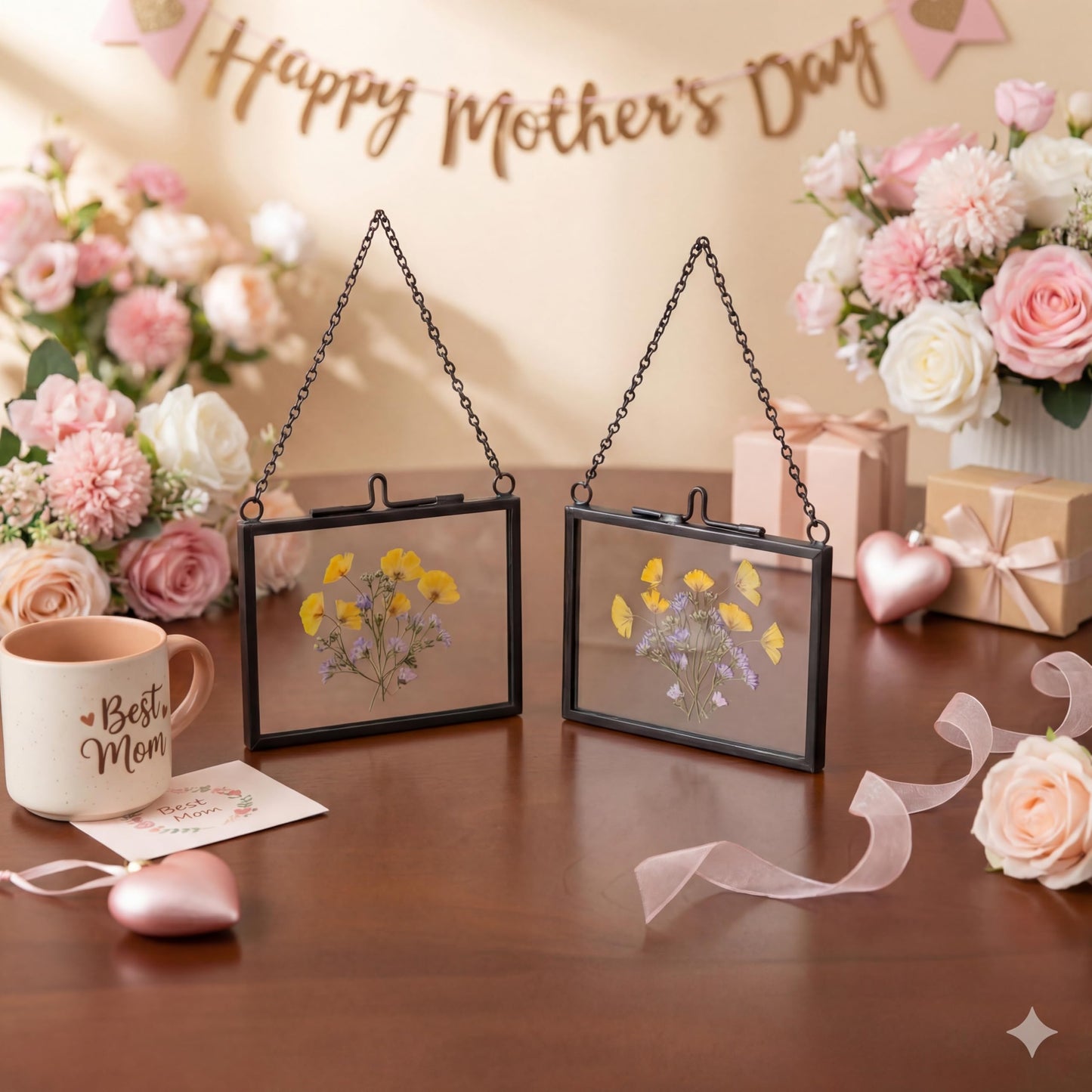 FOCHIER F 4 Pcs Pressed Flower Frame with Tweezers, Wall Hanging Tabletop Display Double Glass Frames with Metal Chain for Pressed Dried Flowers Plants, Horizontal and Vertical Picture Frame, Black, FRAMES ONLY