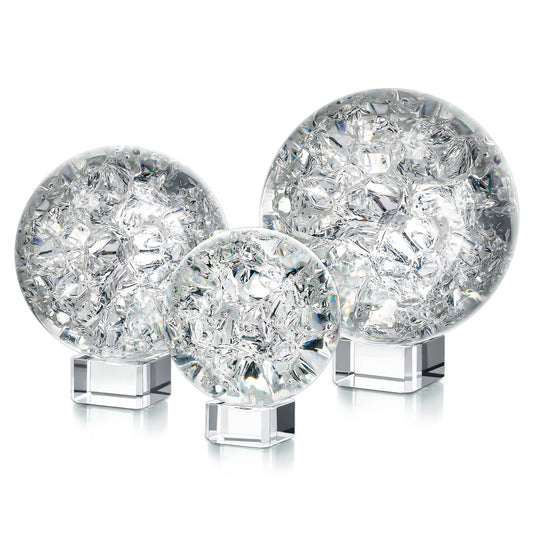 ZEERSHEE 3pcs Clear Ice Crack Glass Orb Set with Display Stands, 2.4"/3.1"/3.9" Decorative Art Spheres for Home Decor, Office Desk Accent, Bookshelf Styling and Gift Giving