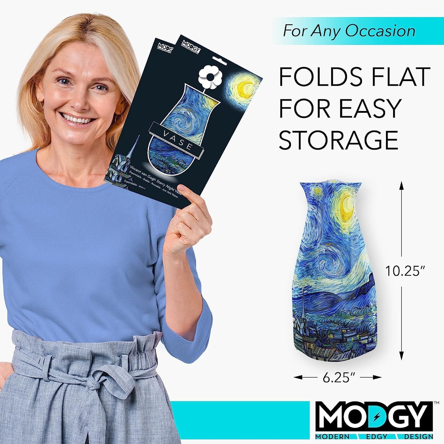 MODGY Expandable Flower Vase, Plastic Decorative Modern Foldable Printed Vases for Centerpieces for Wedding, Dining Table, Home Decor, Living Room, Bathroom, Starry Night, Vincent Van Gogh, 2 Pack