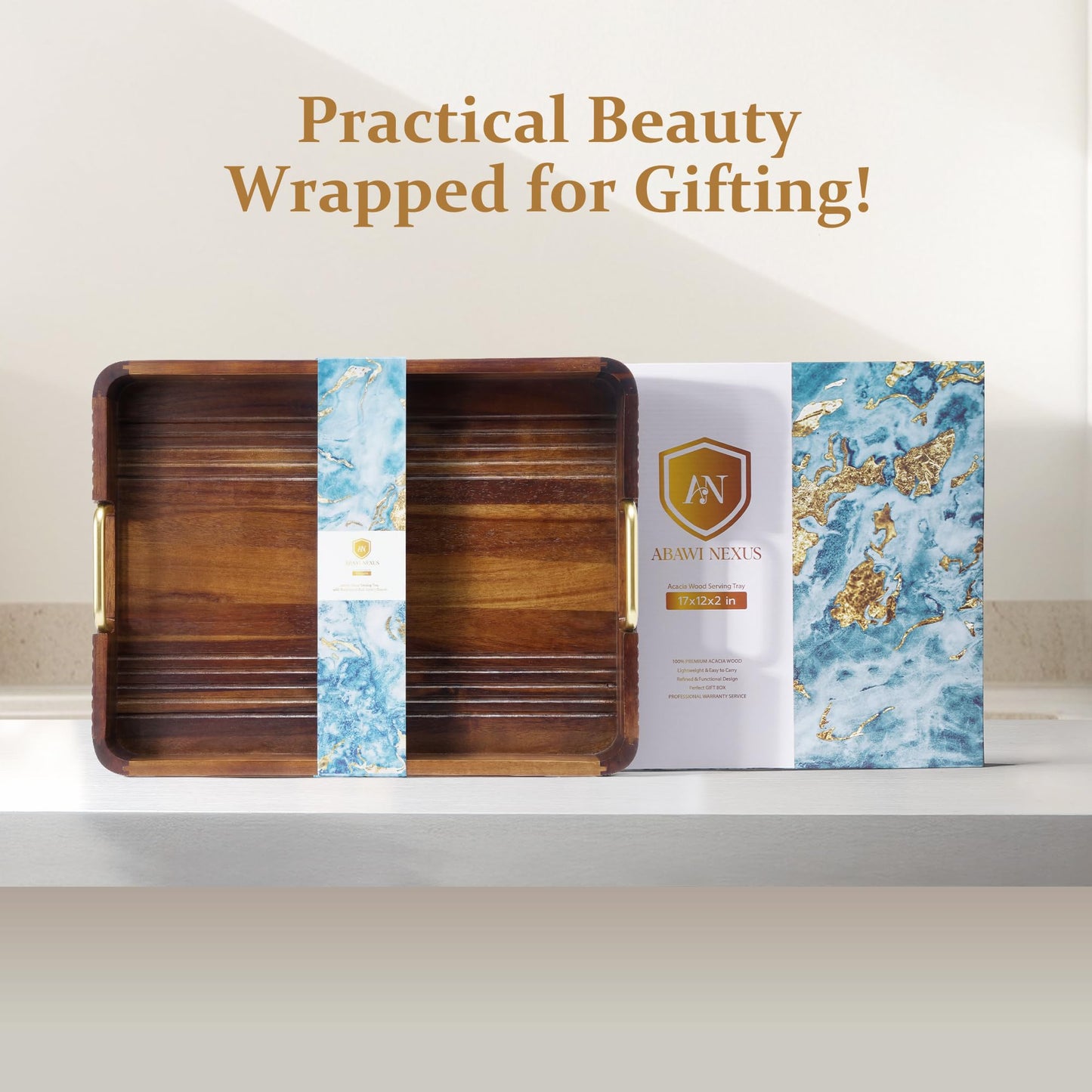 Acacia Wood Serving Tray with Metal Handles, 17x13in, Decorative Coffee Table Tray & Ottoman Tray, Anti-Slip Pads, Dark Wood Tray for Breakfast in Bed, Bar Tray, Gift Box