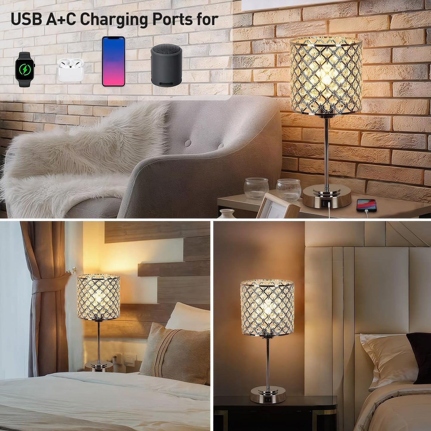 GyroVu Crystal Table Lamp for Bedroom Living Room, Touch Control Bedside Lamp with USB C+A Ports - Dimmable Nightstand Lamp Modern Light, Bulb Included