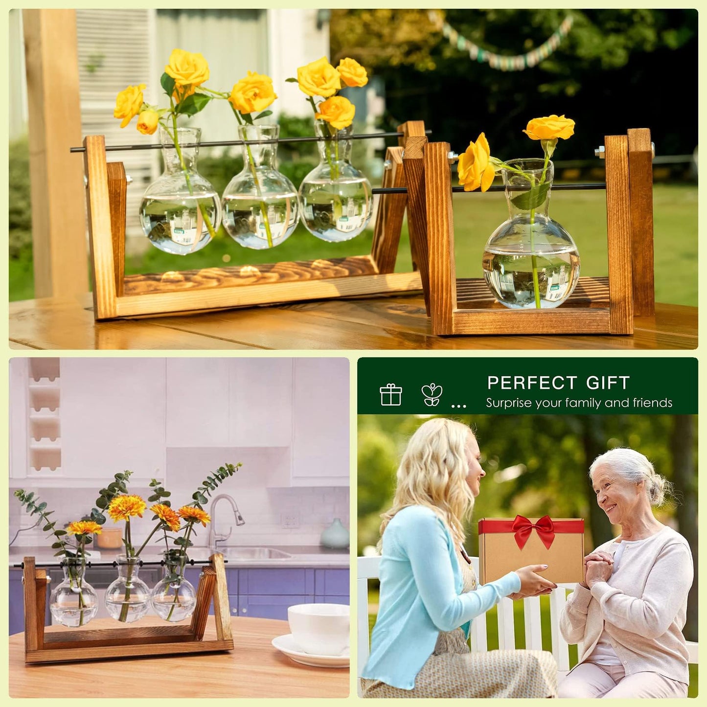 Kingbuy Plant Propagation Station, 3 Glass Bulb Vases with Wooden Stand