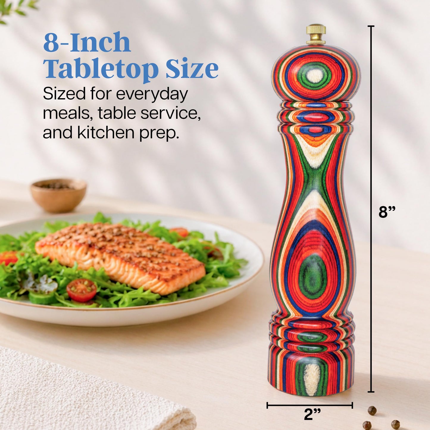 Baltique Marrakesh Wooden Pepper Grinder, Colorful Wood Pepper Mill with Adjustable Stainless Steel Grinding Mechanism, Refillable Manual Mill for Kitchen and Table Use, 8-Inch