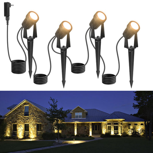 Outdoor Landscape Lighting Waterproof with 45.9FT Cable & built-in LED Light, Low Voltage 12W 1200LM Plug in Electric LED Spot Light 3000K Uplight with Transformer for Garden Yard Tree Path, Pack of 4