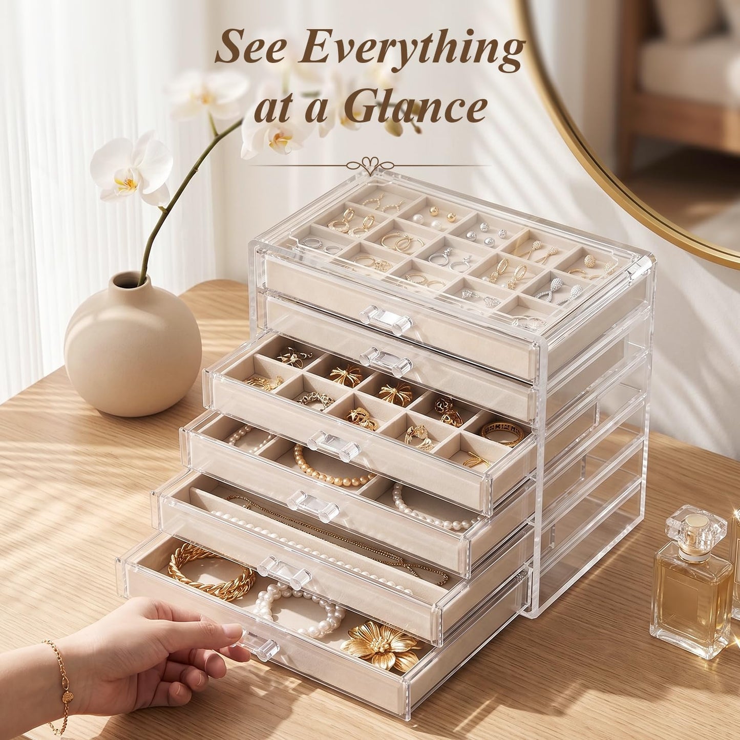 GlowSai Clear Jewelry Organizer Earring Holder Organizer, Jewelry Box with 6 Drawers Clear Acrylic Stackable Earring Case with Adjustable Velvet Trays for Women and Girls, Warm White