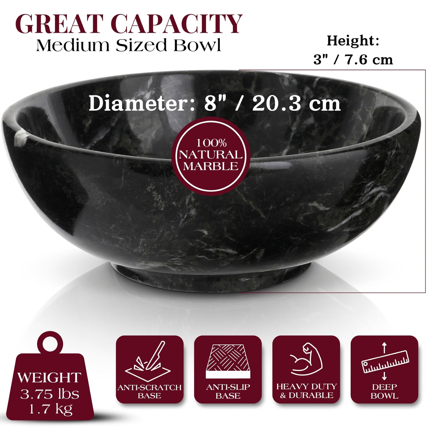Gusto Nostro 8" Luxury Black Marble Decorative Bowl for Coffee Table - Elegant Modern Fruit Bowl for Kitchen Counter - Heavy Stone Entryway Catch all for Keys, Jewelry, Potpourri Holder Centerpiece