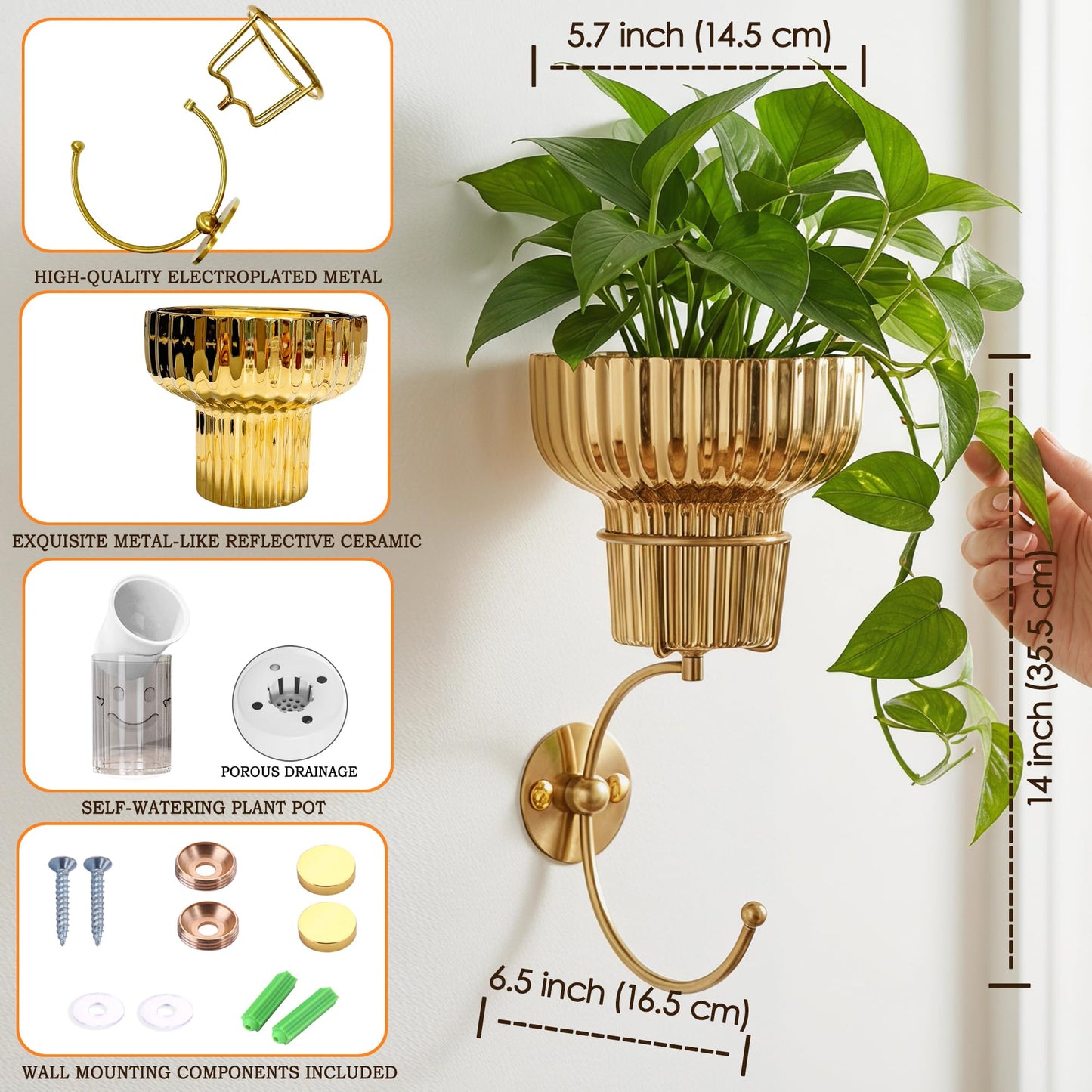 MAUYAR Hanging Plant Wall Vessel for Flowers with Hook, Indoor Outdoor Boho Bathroom Decor Wall Art Planter Mounted Vase (Gold)