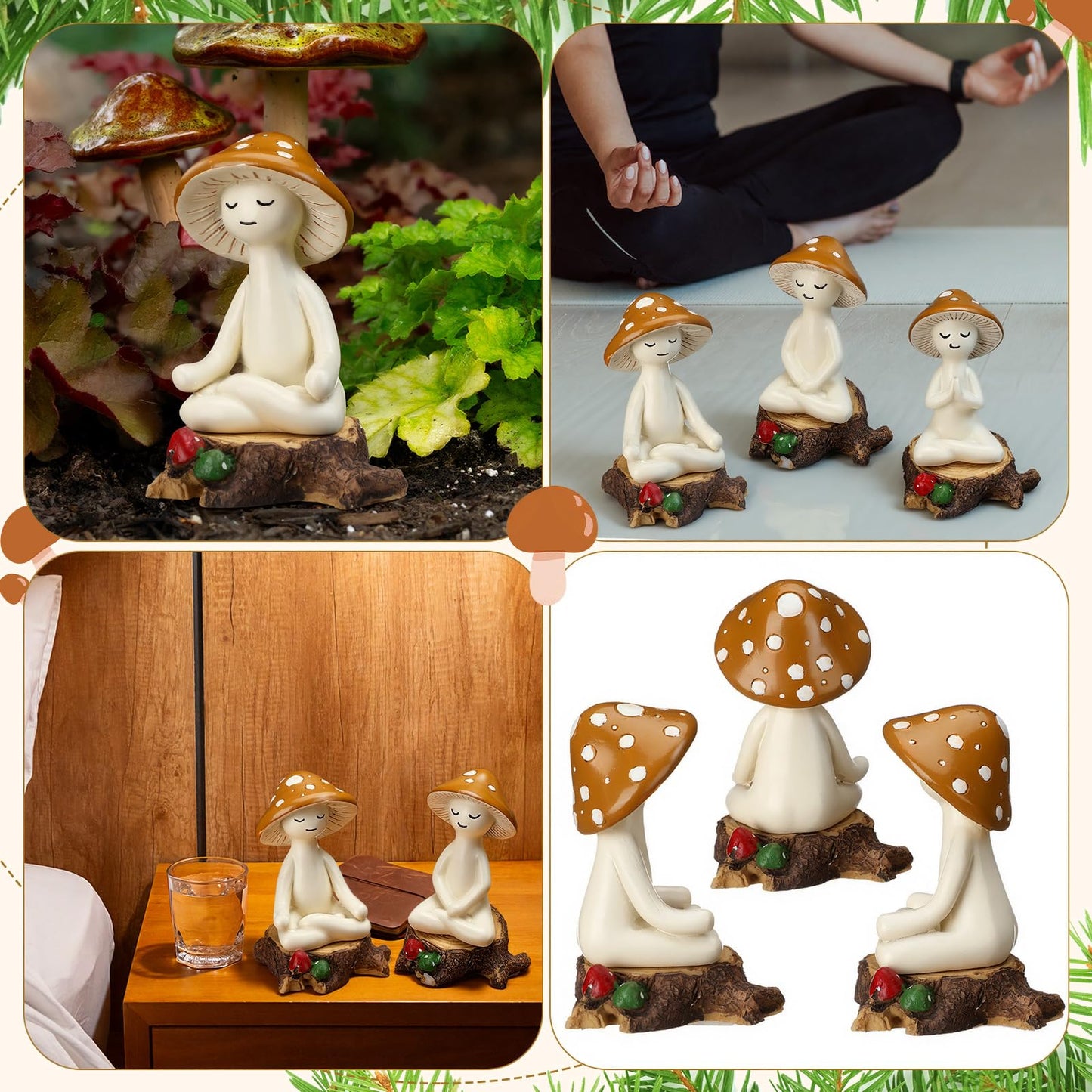 Fiwochic 3 Pcs Meditation Mushroom Statue Resin Yoga Mushroom Figurine with Stump Base Cute Spring Meditation Tabletop Plant Statues Decor for Desk Living Room Patio Home Office Garden Backyard
