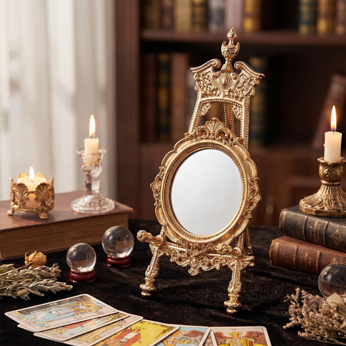 Novabright Ornate Metal Display Stand Only, 9 Inch Antique Decorative Easel for Scrying Mirrors, Small Plates, Photos, Crystal & Altar Decor