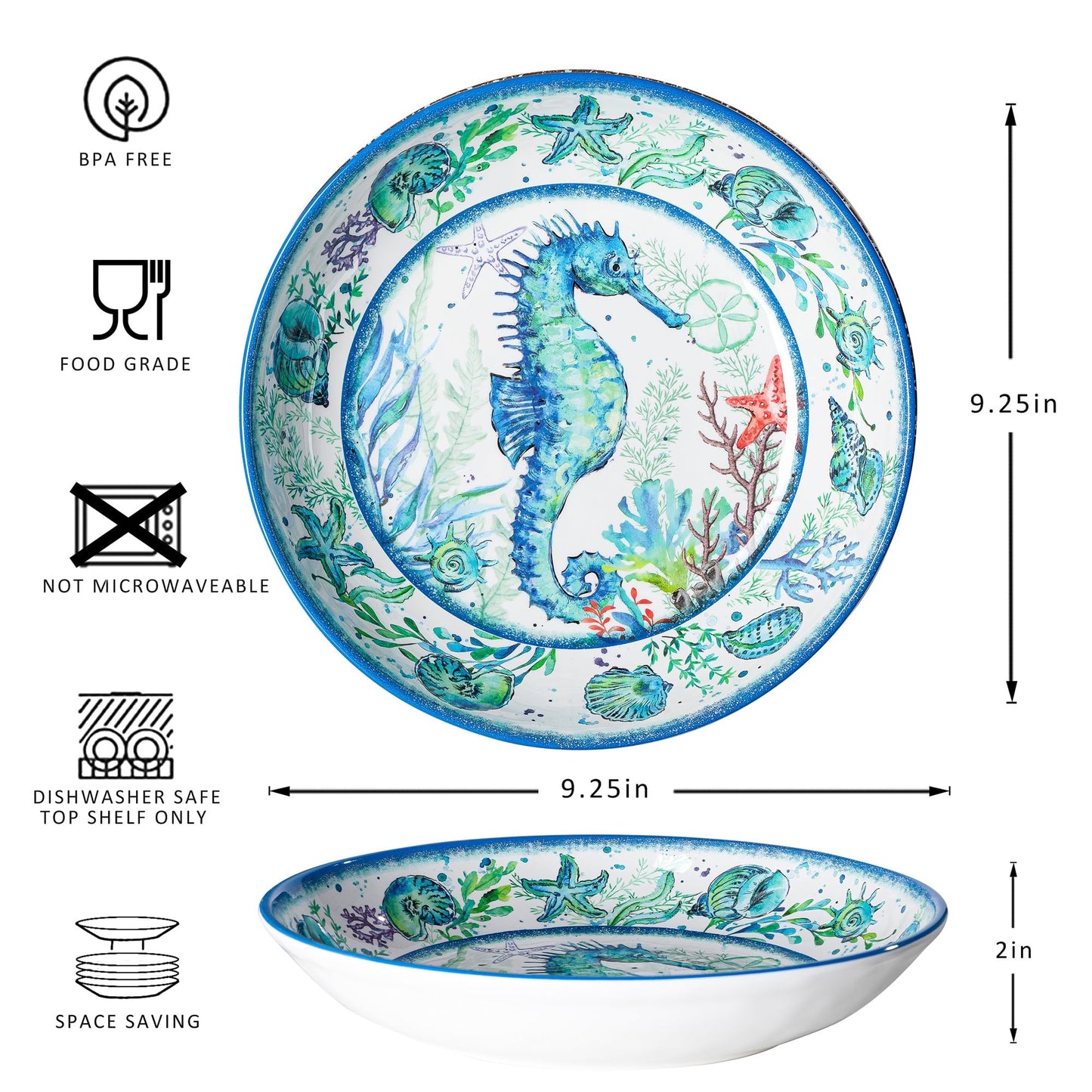 LEHAHA Melamine Pasta Bowls, Set of 6 9.25 inches 42 OZ Large Salad Serving Bowls, Coastal Melamine Dinner Deep Plates, Lightweight Soup/Cereal/Noodle Bowls set, Dishwasher Safe,Oceanic Design…