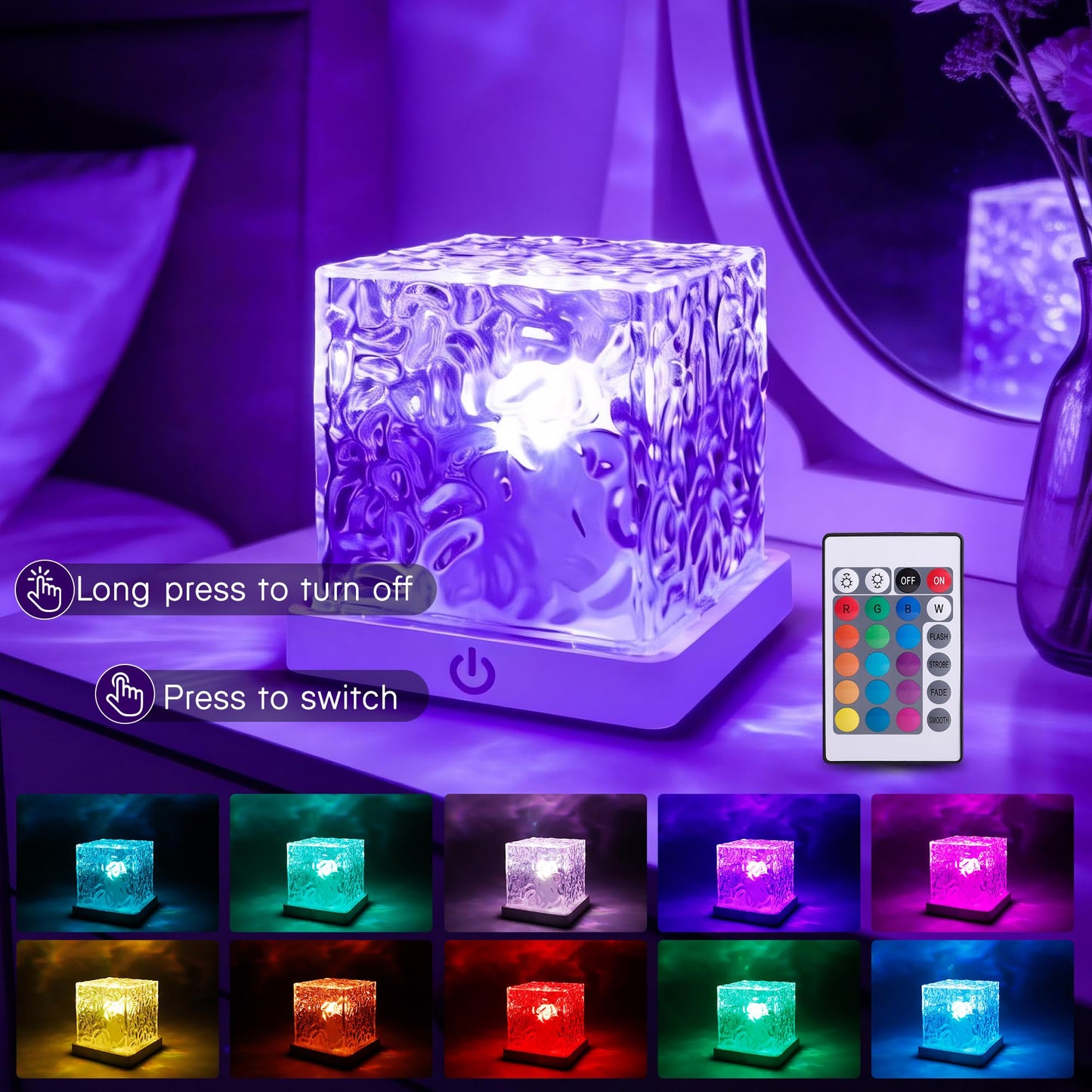 rerekiki Waterproof Shower Light for Inside Bathroom, Rechargeable Cube Shape Kids Shower Lamp, RGBW 13 Color Changing Bathtub Lamp with Remote Ocean Wave Projector Mood Night Lighting