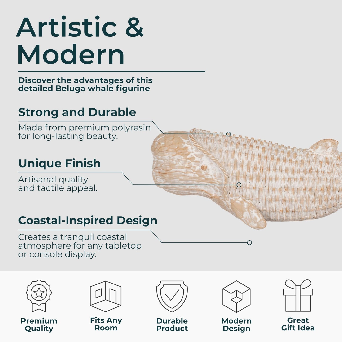 Elegant Whale Figurine for Home Decor - Coastal Chic Sculpture for Bathroom, Office, Room and Living Room Accent -Modern Seaside Ornaments for Shelf or Coffee Table Display - 5", White & Tan