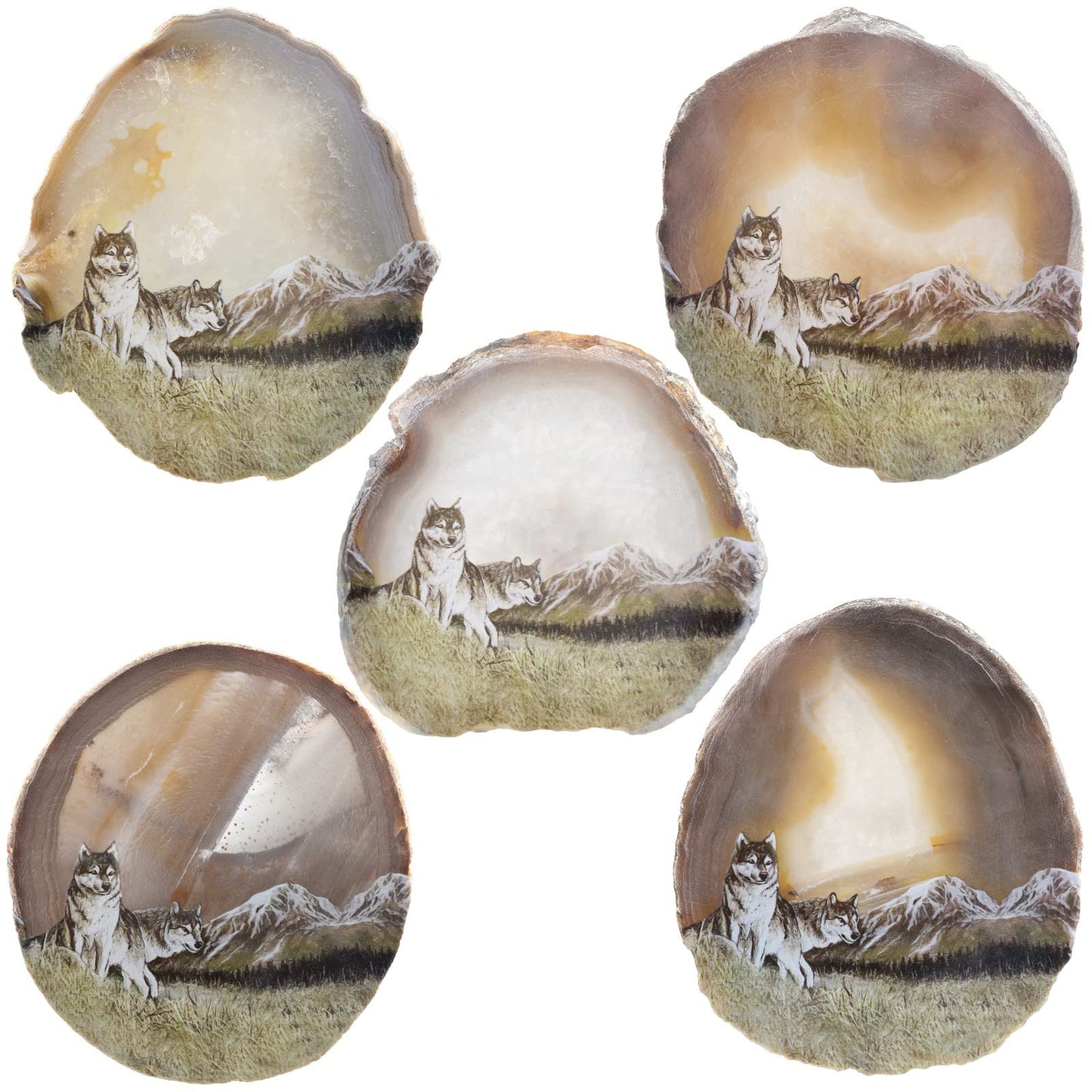 SUNYIK Natural Geode Agate Slice Display with Wooden Stand, Irregular Agate Slab Tabletop Desktop for Office Home Decor, Wolf