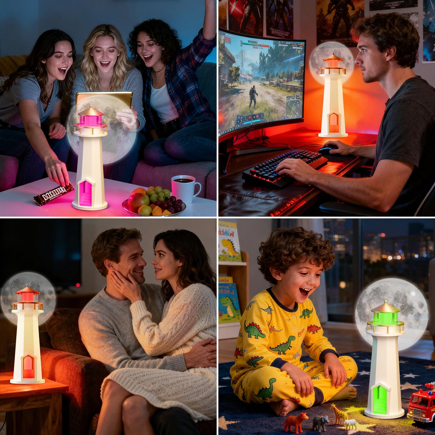 Moon Lamp Mood Lighting, RGB 7 Color Changing Lighthouse Lamp, Rechargeable LED Night Light for Kids, Dimmable Bedside Table lamp for Bedroom Living Room, Christmas Birthday Gifts for Kids Adult