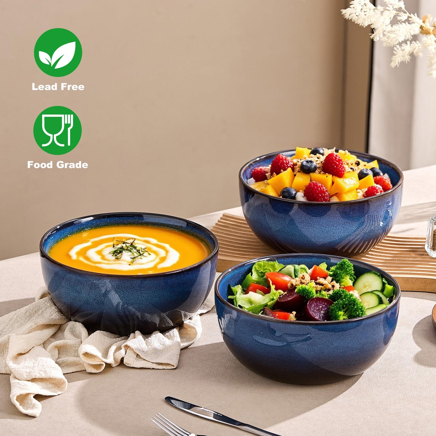 TAUFIKT 9 Inch Large Salad Bowls Set of 2, 83 Oz Porcelain Serving Bowl for Salad Soup Pasta Popcorn, Ceramic Decorative Bowls Fruit Bowl for Home Decor, Microwave,Oven,and Dishwasher Safe