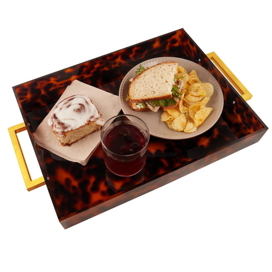 Acrylic Serving Tray with Gold Handles, 16" x 12" Decorative Tray for Coffee Table, Spill-Proof Food and Drink Server. Multipurpose for Ottoman, Kitchen, Vanity, Countertop, Party Use (Tortoise Shell)