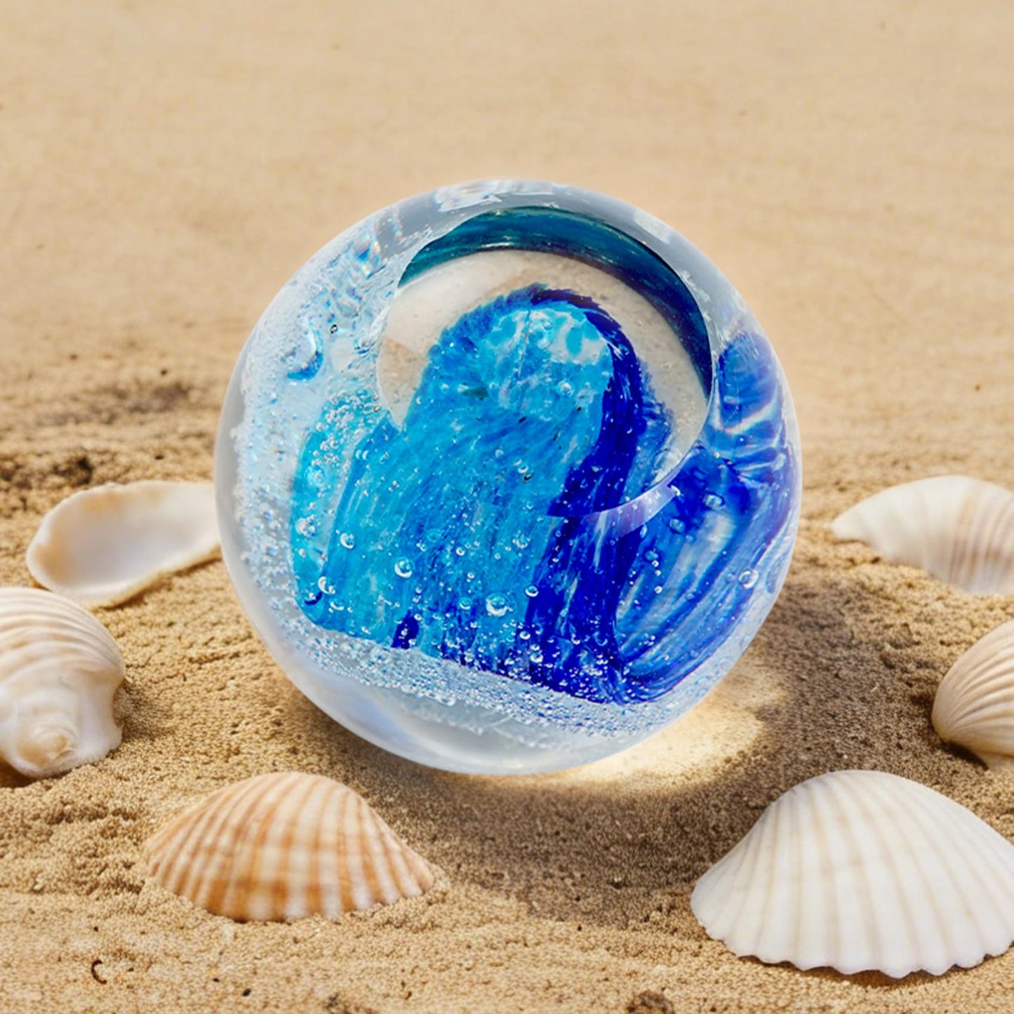 Oiexgu Hand Blown Ocean Wave Glass Ball Paperweight Sea Glass Ball,Beach Home Decoration Collectible Figurines Ball,Aquarium Decor Office Desk & Bathroom Decor,Unique Gift Ocean Lovers