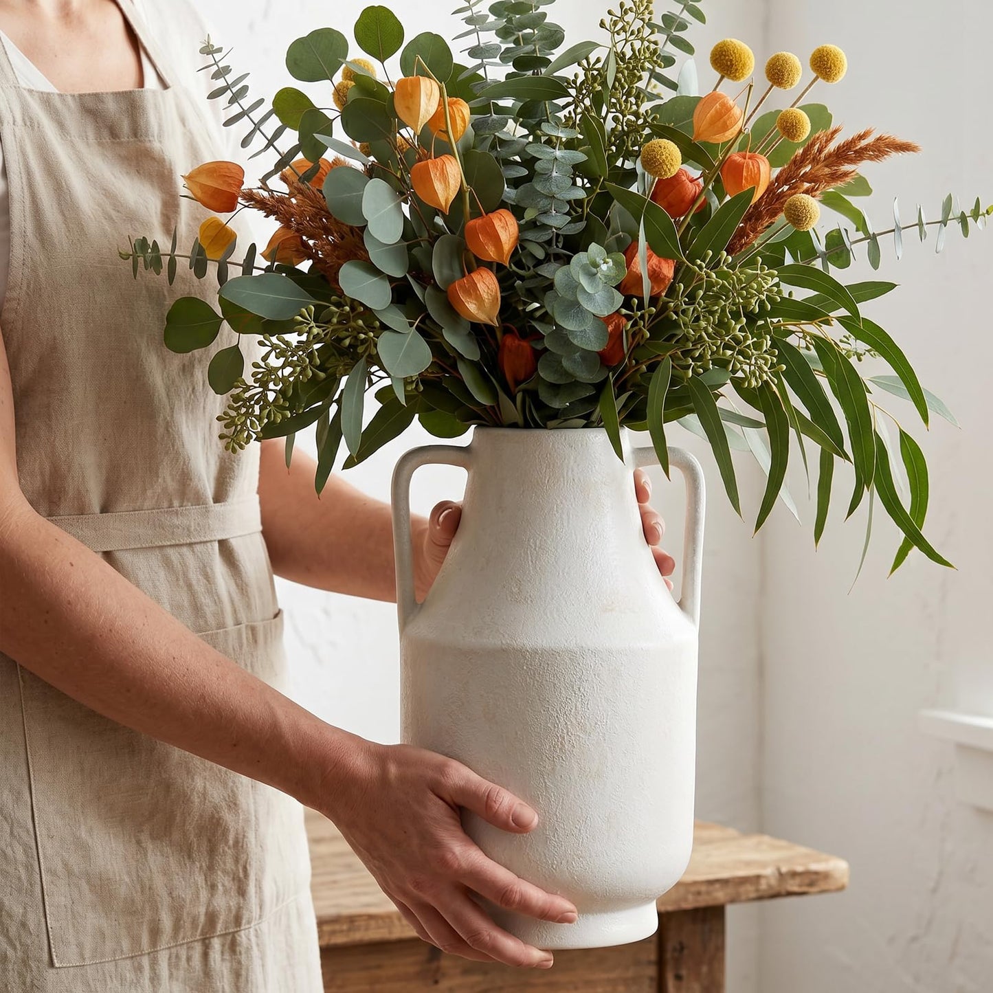 Ceramic Flower Vase with Handles, 11in Large Farmhouse Table Terracotta Vases, Waterproof Flower Pottery Vases for Home Decor, Living Room,Table, Handcrafted (Off-White)