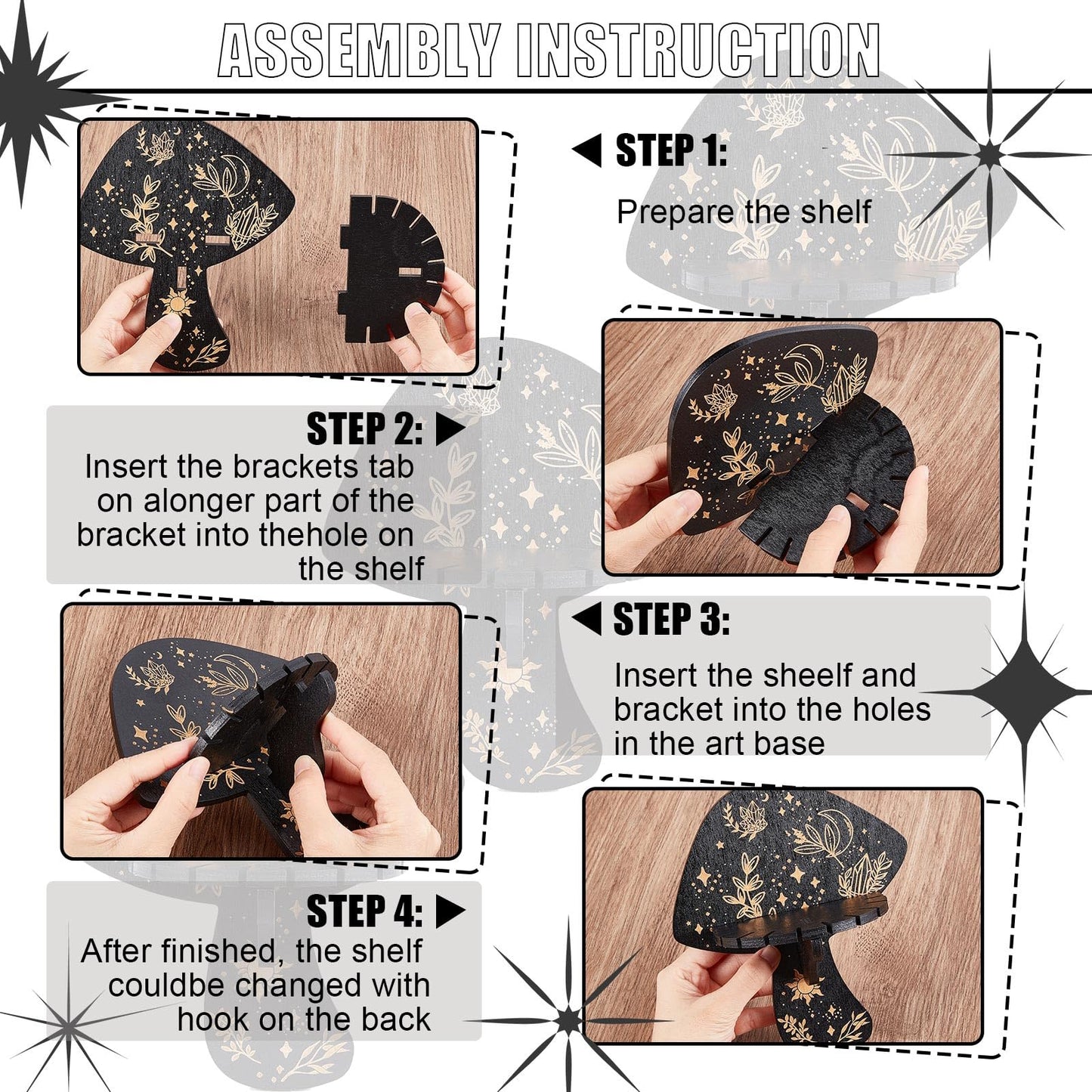 CREATCABIN Crystal Display Shelf Crystal Wall Shelves Mushroom Rustic Wooden Hand Holder Floating Shelves Witchy Stuff Storage Display for Rock Gemstones Meditation Spiritual Gift Black 7x6Inch