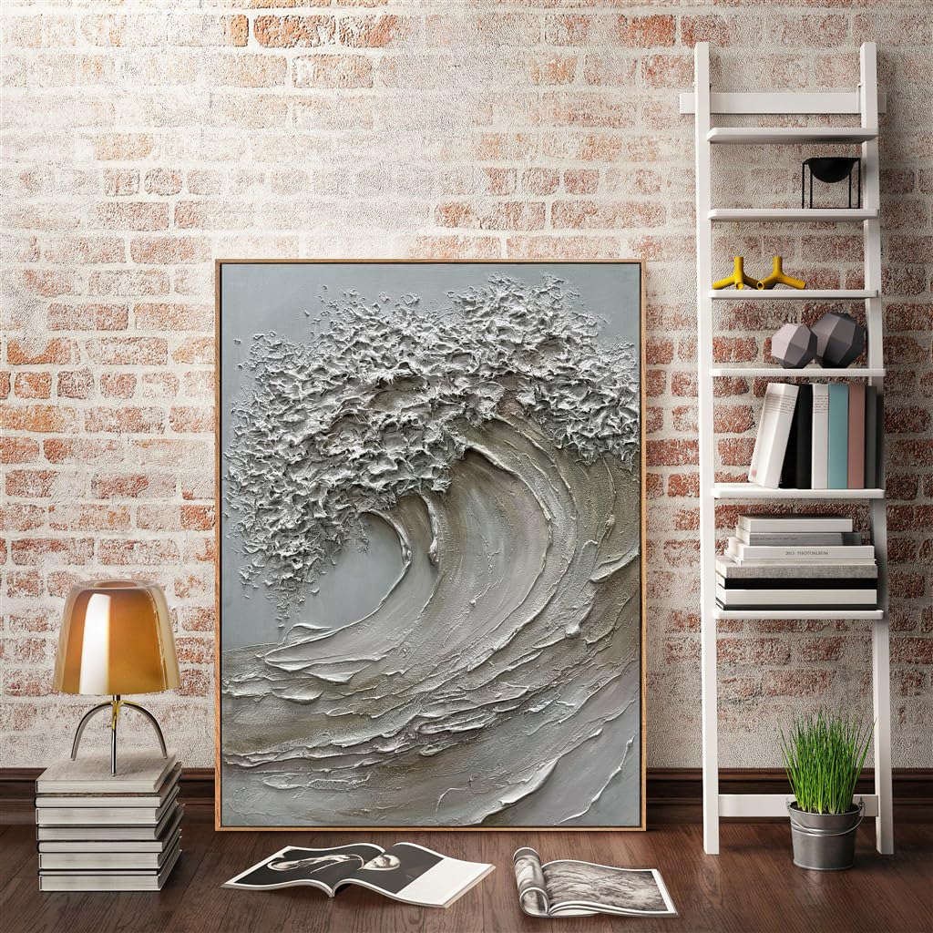 V-inspire 3D Textured Ocean Wave Canvas Wall Art, 30 x 45 inches, Hand-Painted with Wood Frame, Modern Abstract Grey