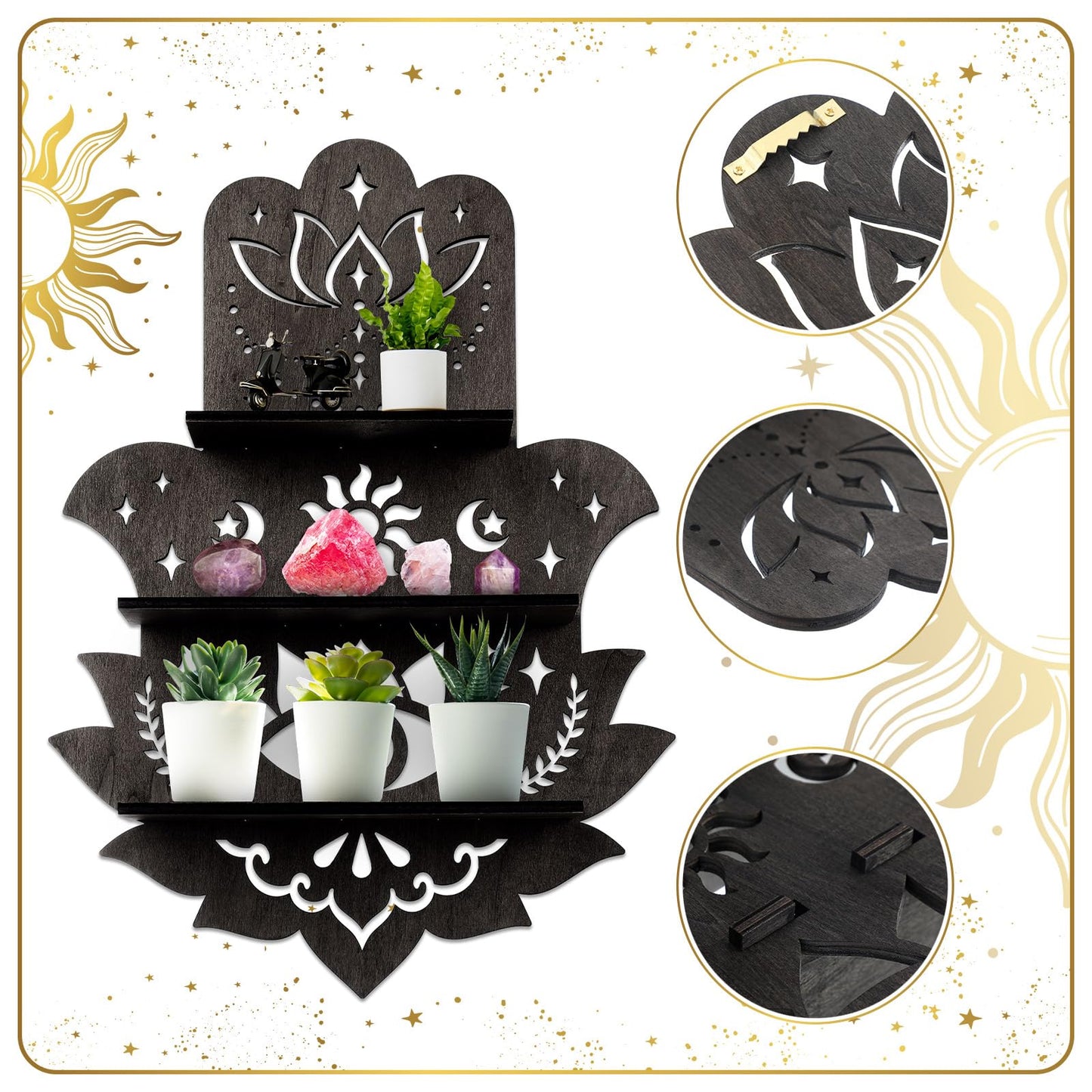Maitys Hamsa Wall Decor Lotus Crystal Shelf Display for Evil Eye - Large 17'' Hamsa Hand Boho Wooden Hanging Crystal Holder Aesthetic Zen Meditation Spiritual Gift Witch Yoga Decor (Black)
